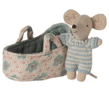 Maileg Baby mouse in carry cot, blue 12769